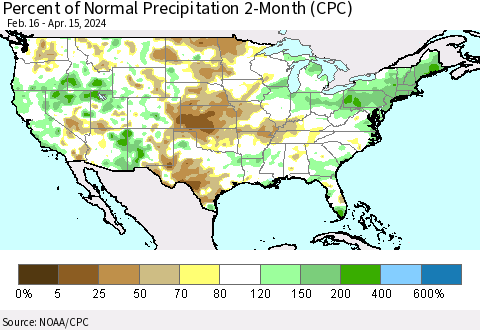 United States Percent of Normal Precipitation 2-Month (CPC) Thematic Map For 2/16/2024 - 4/15/2024