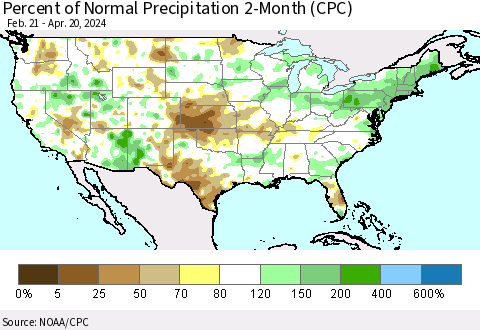 United States Percent of Normal Precipitation 2-Month (CPC) Thematic Map For 2/21/2024 - 4/20/2024