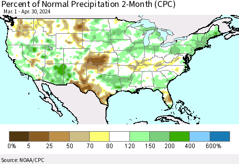 United States Percent of Normal Precipitation 2-Month (CPC) Thematic Map For 3/1/2024 - 4/30/2024