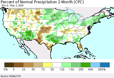 United States Percent of Normal Precipitation 2-Month (CPC) Thematic Map For 3/6/2024 - 5/5/2024