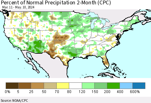 United States Percent of Normal Precipitation 2-Month (CPC) Thematic Map For 3/11/2024 - 5/10/2024