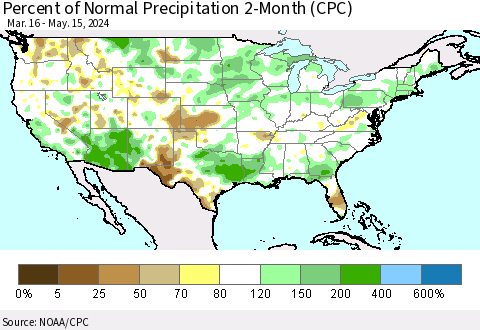 United States Percent of Normal Precipitation 2-Month (CPC) Thematic Map For 3/16/2024 - 5/15/2024