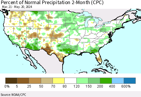 United States Percent of Normal Precipitation 2-Month (CPC) Thematic Map For 3/21/2024 - 5/20/2024