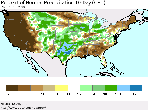 United States Percent of Normal Precipitation 10-Day (CPC) Thematic Map For 9/1/2020 - 9/10/2020