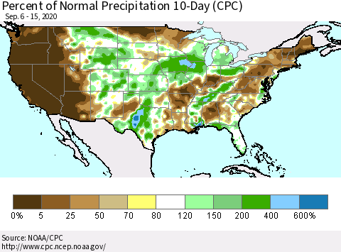 United States Percent of Normal Precipitation 10-Day (CPC) Thematic Map For 9/6/2020 - 9/15/2020