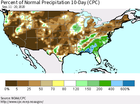 United States Percent of Normal Precipitation 10-Day (CPC) Thematic Map For 9/11/2020 - 9/20/2020
