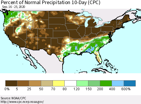 United States Percent of Normal Precipitation 10-Day (CPC) Thematic Map For 9/16/2020 - 9/25/2020