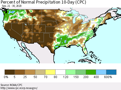 United States Percent of Normal Precipitation 10-Day (CPC) Thematic Map For 9/21/2020 - 9/30/2020