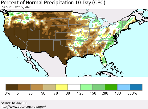 United States Percent of Normal Precipitation 10-Day (CPC) Thematic Map For 9/26/2020 - 10/5/2020