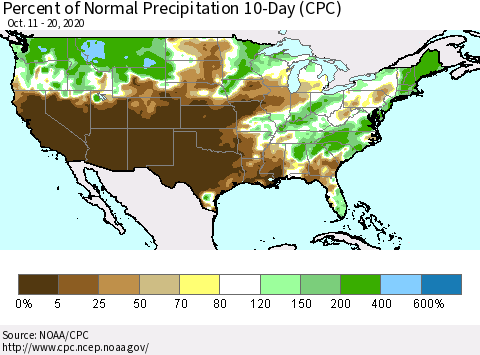 United States Percent of Normal Precipitation 10-Day (CPC) Thematic Map For 10/11/2020 - 10/20/2020