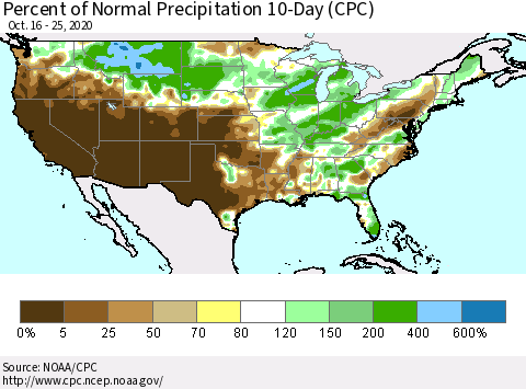 United States Percent of Normal Precipitation 10-Day (CPC) Thematic Map For 10/16/2020 - 10/25/2020
