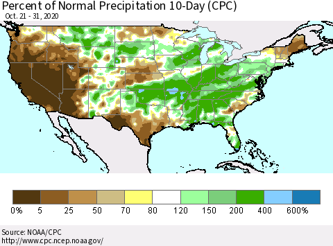 United States Percent of Normal Precipitation 10-Day (CPC) Thematic Map For 10/21/2020 - 10/31/2020