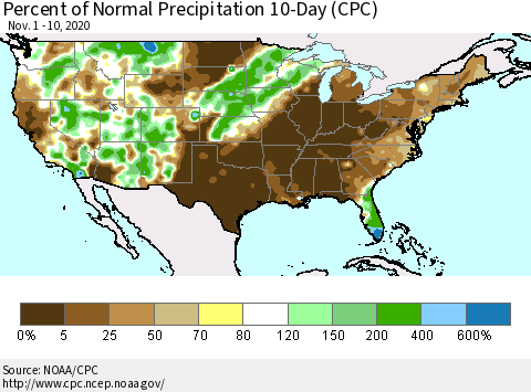 United States Percent of Normal Precipitation 10-Day (CPC) Thematic Map For 11/1/2020 - 11/10/2020