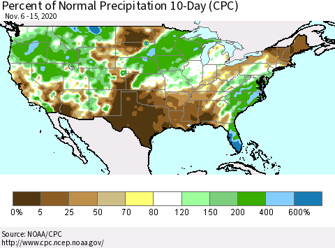 United States Percent of Normal Precipitation 10-Day (CPC) Thematic Map For 11/6/2020 - 11/15/2020