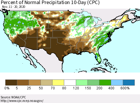 United States Percent of Normal Precipitation 10-Day (CPC) Thematic Map For 11/11/2020 - 11/20/2020