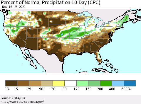 United States Percent of Normal Precipitation 10-Day (CPC) Thematic Map For 11/16/2020 - 11/25/2020