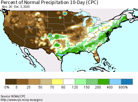 United States Percent of Normal Precipitation 10-Day (CPC) Thematic Map For 11/26/2020 - 12/5/2020