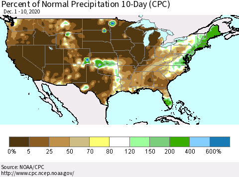 United States Percent of Normal Precipitation 10-Day (CPC) Thematic Map For 12/1/2020 - 12/10/2020