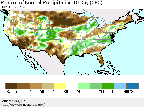 United States Percent of Normal Precipitation 10-Day (CPC) Thematic Map For 12/11/2020 - 12/20/2020