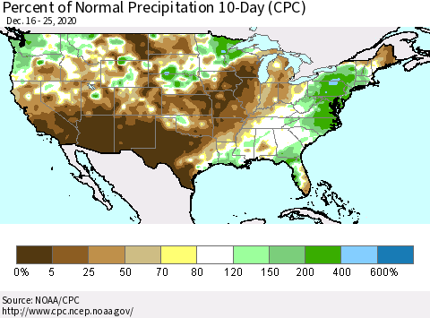 United States Percent of Normal Precipitation 10-Day (CPC) Thematic Map For 12/16/2020 - 12/25/2020