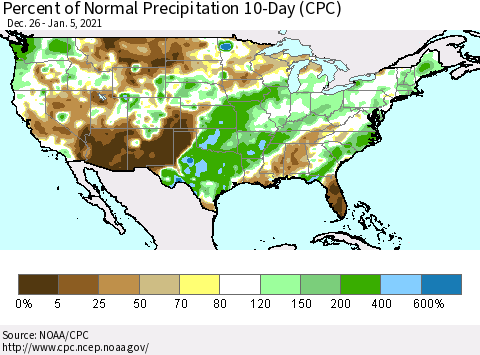 United States Percent of Normal Precipitation 10-Day (CPC) Thematic Map For 12/26/2020 - 1/5/2021