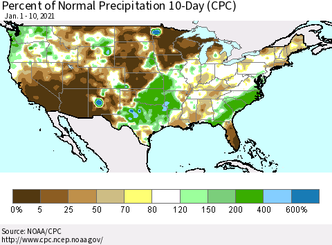 United States Percent of Normal Precipitation 10-Day (CPC) Thematic Map For 1/1/2021 - 1/10/2021