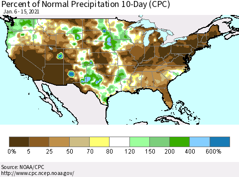United States Percent of Normal Precipitation 10-Day (CPC) Thematic Map For 1/6/2021 - 1/15/2021