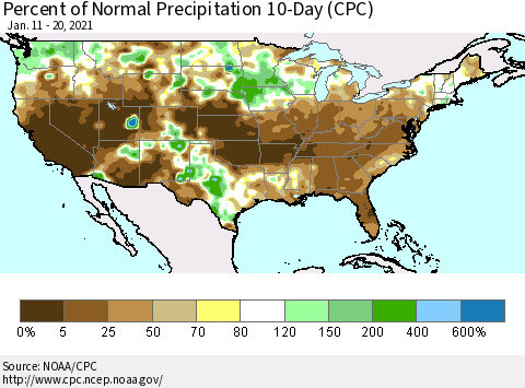 United States Percent of Normal Precipitation 10-Day (CPC) Thematic Map For 1/11/2021 - 1/20/2021