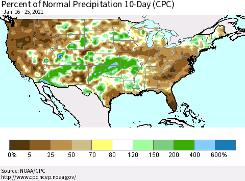 United States Percent of Normal Precipitation 10-Day (CPC) Thematic Map For 1/16/2021 - 1/25/2021