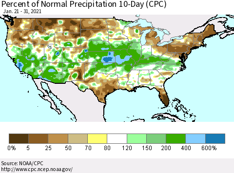 United States Percent of Normal Precipitation 10-Day (CPC) Thematic Map For 1/21/2021 - 1/31/2021