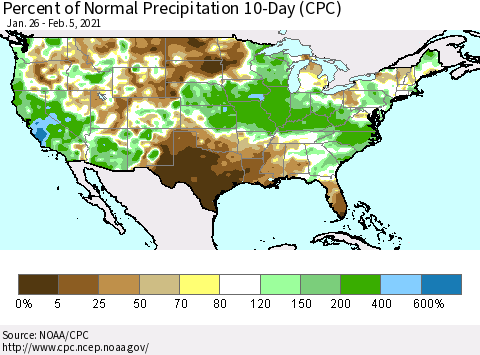 United States Percent of Normal Precipitation 10-Day (CPC) Thematic Map For 1/26/2021 - 2/5/2021