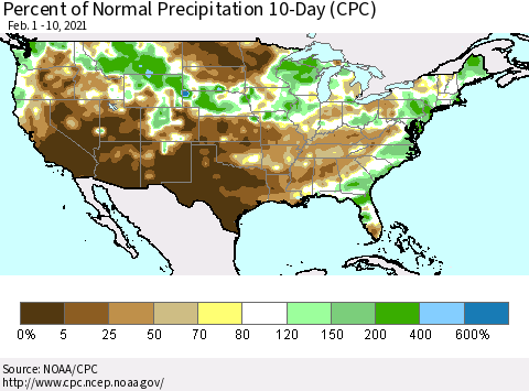 United States Percent of Normal Precipitation 10-Day (CPC) Thematic Map For 2/1/2021 - 2/10/2021