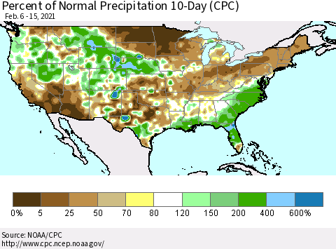 United States Percent of Normal Precipitation 10-Day (CPC) Thematic Map For 2/6/2021 - 2/15/2021