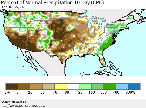United States Percent of Normal Precipitation 10-Day (CPC) Thematic Map For 2/16/2021 - 2/25/2021