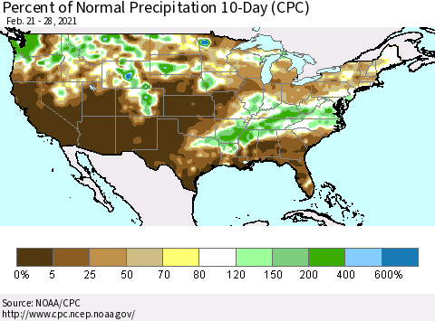United States Percent of Normal Precipitation 10-Day (CPC) Thematic Map For 2/21/2021 - 2/28/2021