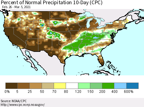 United States Percent of Normal Precipitation 10-Day (CPC) Thematic Map For 2/26/2021 - 3/5/2021