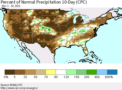 United States Percent of Normal Precipitation 10-Day (CPC) Thematic Map For 3/1/2021 - 3/10/2021