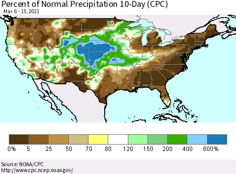 United States Percent of Normal Precipitation 10-Day (CPC) Thematic Map For 3/6/2021 - 3/15/2021