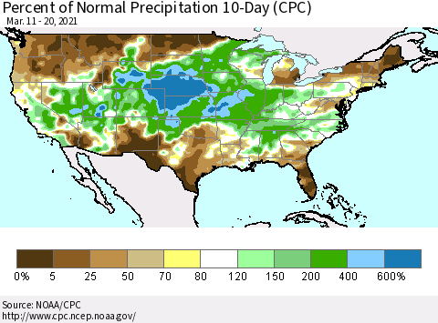 United States Percent of Normal Precipitation 10-Day (CPC) Thematic Map For 3/11/2021 - 3/20/2021