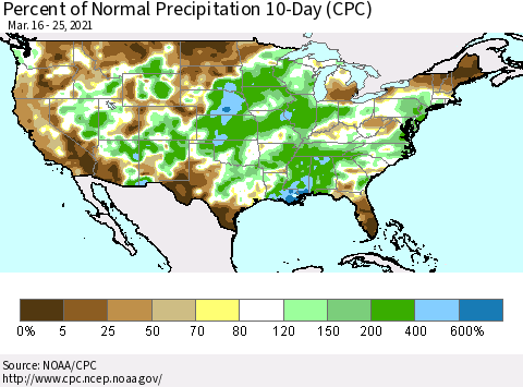 United States Percent of Normal Precipitation 10-Day (CPC) Thematic Map For 3/16/2021 - 3/25/2021