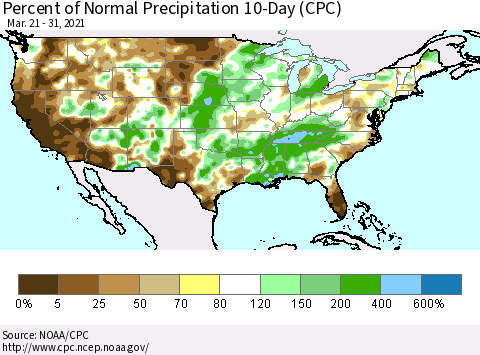 United States Percent of Normal Precipitation 10-Day (CPC) Thematic Map For 3/21/2021 - 3/31/2021