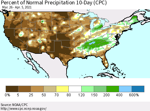 United States Percent of Normal Precipitation 10-Day (CPC) Thematic Map For 3/26/2021 - 4/5/2021