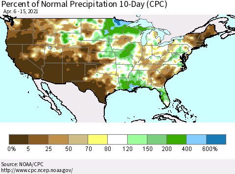 United States Percent of Normal Precipitation 10-Day (CPC) Thematic Map For 4/6/2021 - 4/15/2021