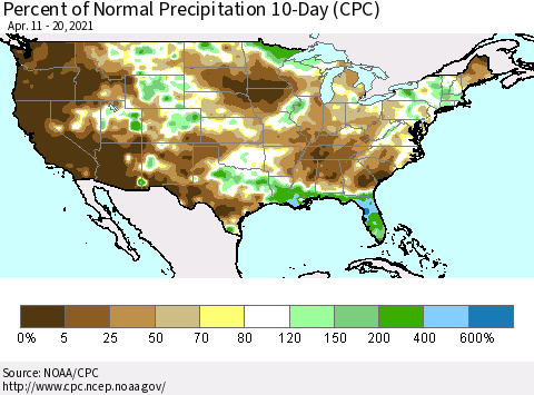 United States Percent of Normal Precipitation 10-Day (CPC) Thematic Map For 4/11/2021 - 4/20/2021
