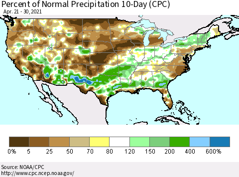 United States Percent of Normal Precipitation 10-Day (CPC) Thematic Map For 4/21/2021 - 4/30/2021