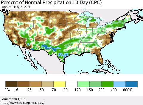 United States Percent of Normal Precipitation 10-Day (CPC) Thematic Map For 4/26/2021 - 5/5/2021