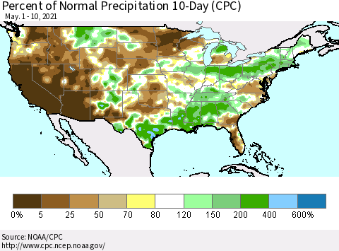 United States Percent of Normal Precipitation 10-Day (CPC) Thematic Map For 5/1/2021 - 5/10/2021