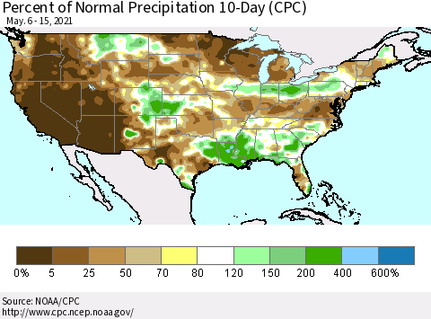 United States Percent of Normal Precipitation 10-Day (CPC) Thematic Map For 5/6/2021 - 5/15/2021