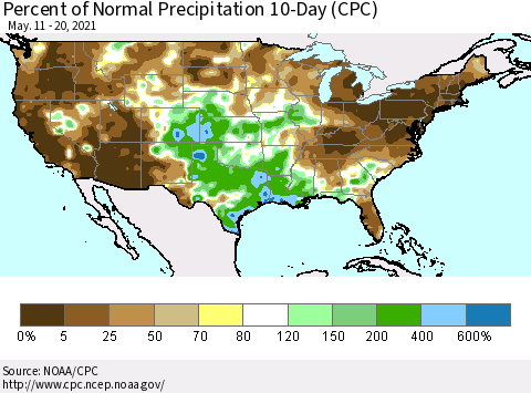 United States Percent of Normal Precipitation 10-Day (CPC) Thematic Map For 5/11/2021 - 5/20/2021