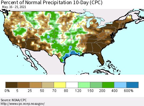 United States Percent of Normal Precipitation 10-Day (CPC) Thematic Map For 5/16/2021 - 5/25/2021